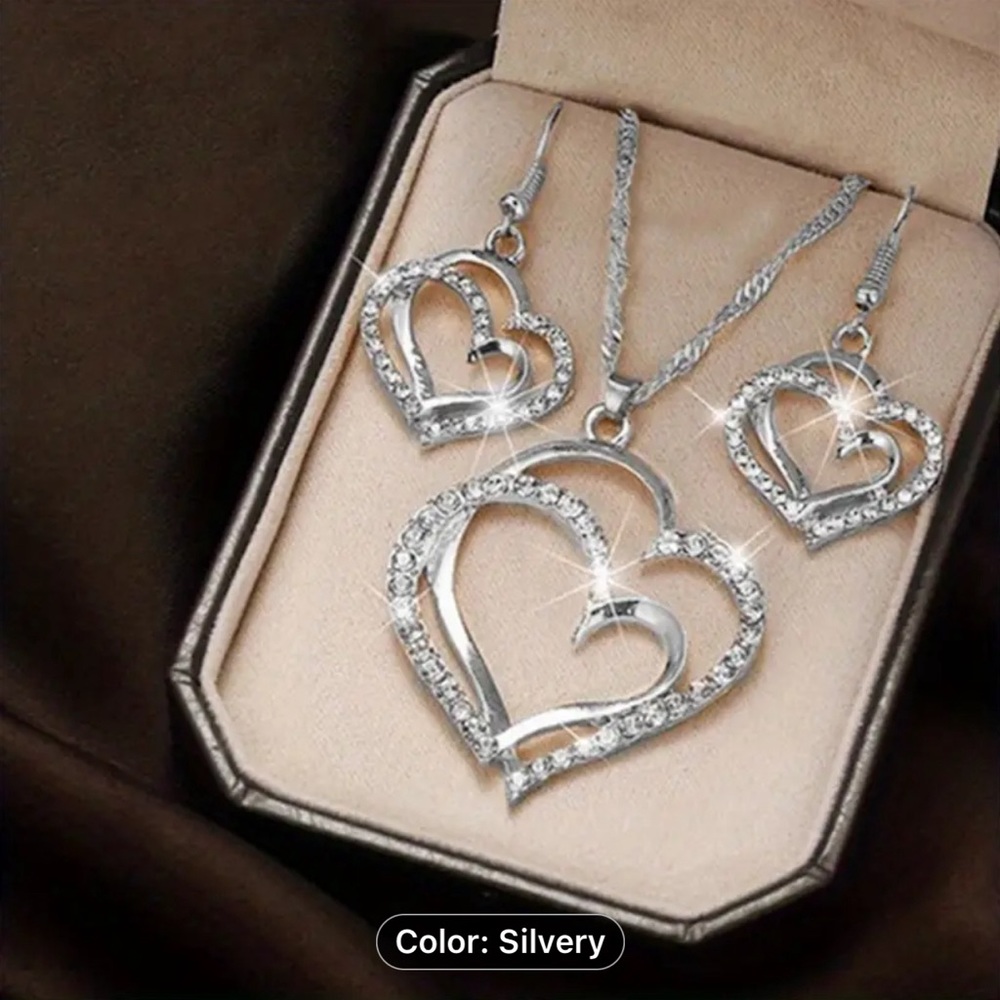 3pcs/set Heart Shaped Zircon silvery Pendant Necklace Drop Earrings